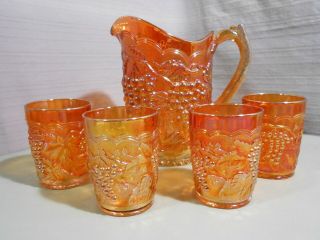 Vintage Marigold Imperial Grape Carnival Glass Pitcher 8 " W/ 4 Glasses
