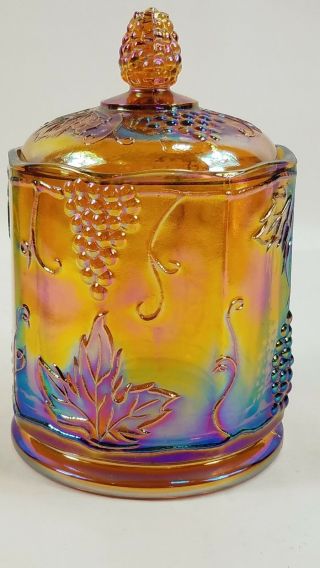 Vintage Indiana Amber Carnival Glass Lidded Bowl (grape & Leaves) 7 " Tall