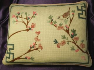 Vintage Needlepoint Art Of Sparrow Bird In Blossom Tree Throw Pillow W/ Zipper