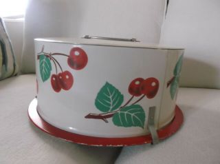 Vtg Decoware Metal Cake/pie Metal Carrier Saver Off - White&red W/ Cherry Pattern