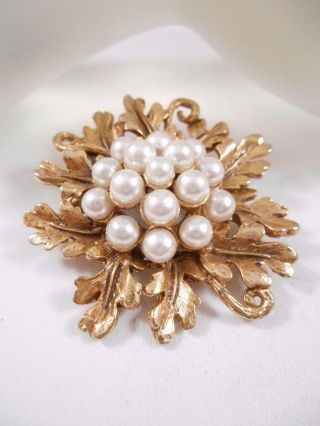 Gorgeous Vintage Faux Pearl Brooch With Leafs Gold Tone Pin 6jb8