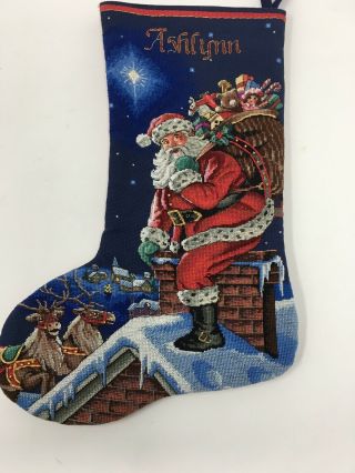Vtg Completed Needlepoint Christmas Stocking Santa On Rooftop 17 " Personalized