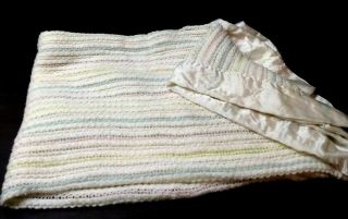 Vtg Pastel Stripe Baby Blanket Soft Open Weave W/ Satin Binding Pink Blue Yellow