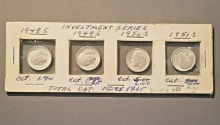 1948 - S,  1949 - S,  1950 - S & 1951 - S Roosevelt Silver Dime Set In Vintage Holder