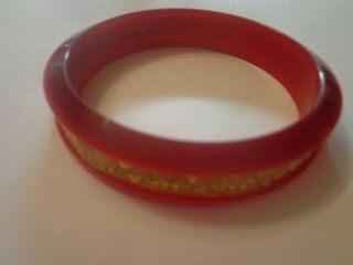Vtg Red Lucite Bangle Bracelet With Gold Plate Insert For Small Wrist 6in