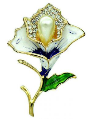 Terrific Tulip Blossom Flower Blue Pearl Rhinestone Enamel Retro Vintage Brooch