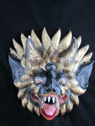 Vintage Barong Bali Hindu God Mask - Dragon - Demon - Devil - Wood - Painted 10.  75 "