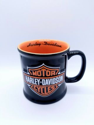 Vintage 2002 Harley Davidson Raised Logo Glossy Orange Black Coffee Mug Cup