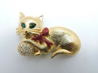 Napier Kitty Cat Pin Brooch Vintage Rhinestone Ball Wearing Red Bow Christmas