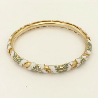 Vintage Gold Tone Enamel Bangle Bracelet Design Green & White