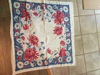 Vintage Light Cotton Red Blue Floral Table Cloth 38 " By 41 " Bright Colors