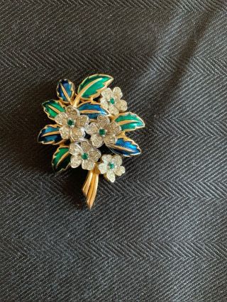 Vintage Jomaz Joseph Mazer Green Glass Rhinestone Flower Brooch Pin.  Signed