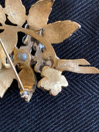 Vintage Jomaz Joseph Mazer Green Glass Rhinestone Flower Brooch Pin.  Signed 2
