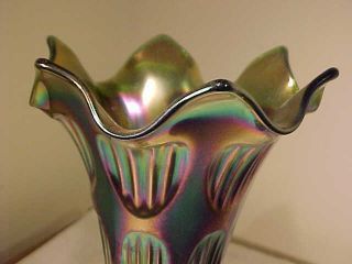 FABULOUS Vintage Fenton Green Carnival Glass Swung Vase,  10 1/2 