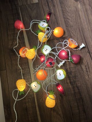Vintage 9 Foot X 2 Strings Of Lights Plastic Shaped & Colored Fruit 4”