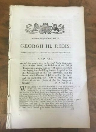 East India Company Act Of Parliament 21st July 1813 British Territories In India