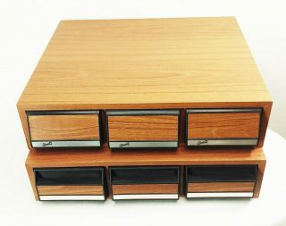 Vtg 80s Wood Cassette Tape Holder Boxes Stackable 3 Drawer Storage Cases 42