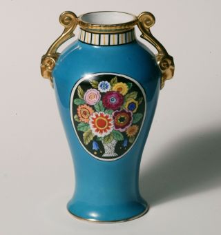 Vintage Art Deco Noritake Large Vase - Bright Blue W/ Multicolored Flowers - Gold