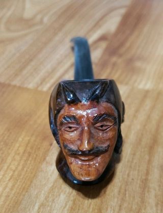 Vintage Briar Red Point Smoking Tobacco Pipe Carved Wood Devil Head & Horns