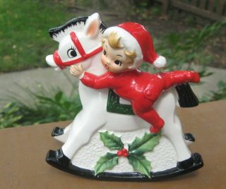 Vintage Josef Originals Christmas Figurine Santa Boy Holly Berry Rocking Horse