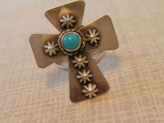 Vintage Big Sterling Silver Cross Ring W Turquoise By Running Bear,  Size 10 Nr