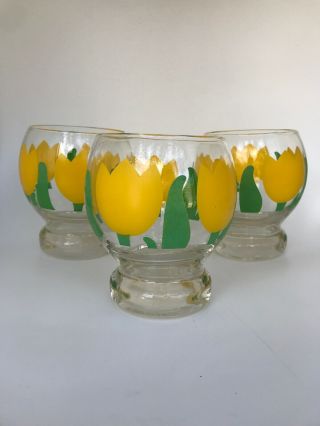 Set Of 3 Vintage Retro Mcm Bulbous Yellow Tulip Green Leaves Lowball Glassware