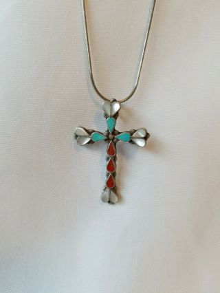 Vtg Native American Zuni Sterling Silver Turquoise Inlay Cross Pendant 20 " Chain