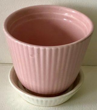 Vintage Shawnee Signed Art Pottery Ribbed Pink White Saucer Flower Pot Planter