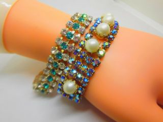 Vtg Art Deco Juliana Aurora Borealis Faux Pearl Turquoise Rhinestone 2 Bracelets