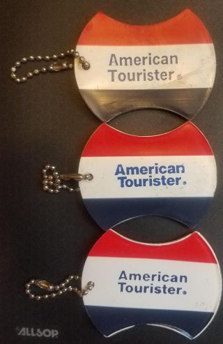 3 Vintage American Tourister Luggage Name Tags Red White Blue Plus Chain 1970 