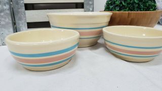 3 Vintage Mccoy Cream/blue/pink Stripe Ovenproof Bowls,  1 7 & 2 Small Bowls