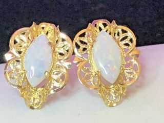 Vintage 14k Gold Opal Earrings Studs Gemstone 585 Made In Italy Ornate Filigree