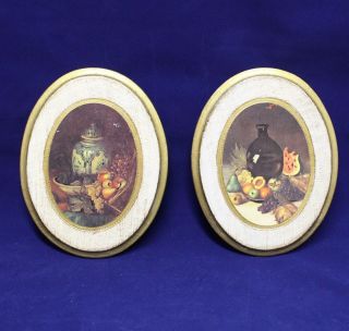 2867 Vintage Set Of 2 Wood Picture Still Life Wall Art Painted Oval Hook Italy