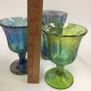VTG Indiana Glass Iridescent Blue Green Carnival Harvest Grape Set 3 Goblet 2