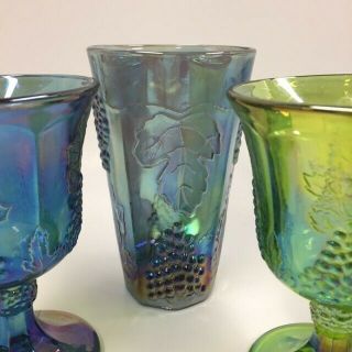 VTG Indiana Glass Iridescent Blue Green Carnival Harvest Grape Set 3 Goblet 4