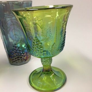 VTG Indiana Glass Iridescent Blue Green Carnival Harvest Grape Set 3 Goblet 5