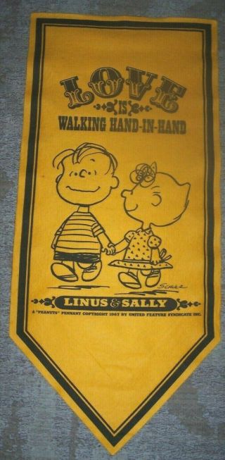 Vintage Peanuts Linus & Sally " Love Is " Felt Pennant Banner 1967 Copyright