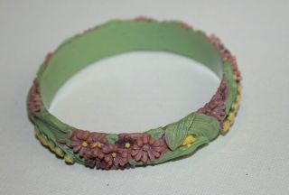 Vintage Molded Plastic Flower Bangle Bracelet Painted Purple Green Yellow