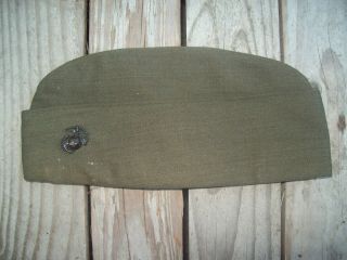 Vintage USMC US Marine Corps Man ' s Green Garrison Cap Hat Size 6 7/8 w/ Ornament 4