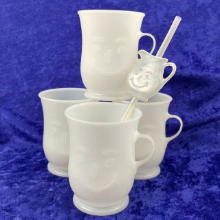Kool - Aid Vintage Set Of 4 Smiley Face White Mugs Cups And 1 Kool - Aid Man Straw