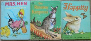3 Vintage Rand Mcnally Jr Elf Books Hoppity,  Mrs.  Hen Goes To Market,  Runaway