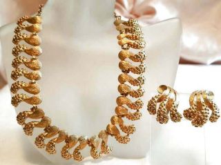 Vintage Necklace Earrings Set Gold Plated Textured Scrolls 16.  5 "