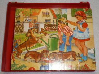 Vintage 6 Sided Block Puzzle By Hermann Eichhorn Children Dachshund Farm Animals