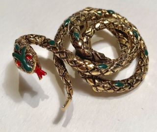 Vtg Designer “ Art “ Snake Pin - Brooch Green Enamel,  Red Rhinestones