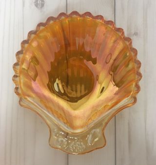 Vintage Amber Iridescent Carnival Glass Scalloped Shell Candy Salad Dessert Dish