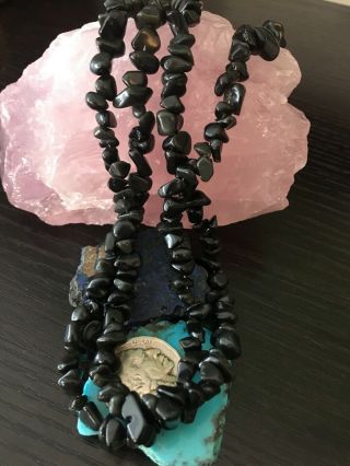 Vintage Native American Obsidian Double Strand Necklace Sterling Silver 50 G
