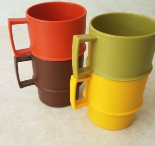 Set Of 4 Vintage Tupperware Stackable Mugs Coffee Cups 1312 Harvest Colors