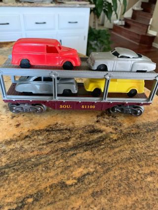 Vintage Louis Marx Auto Loader Train Freight Car Car Carrier Sou 51100,  & 4 Cars