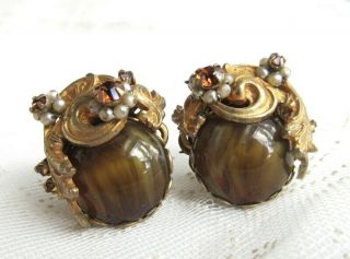 Miriam Haskell Vintage Rhinestone Art Glass Faux Seed Pearl Clip - On Earrings