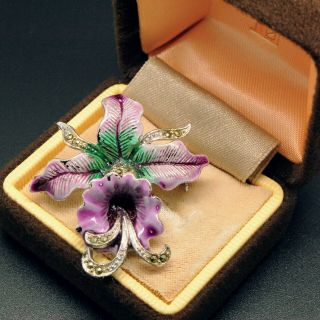 Vintage Jewellery Pretty Silver Tone Purple Green Enamel Marcasite Orchid Brooch